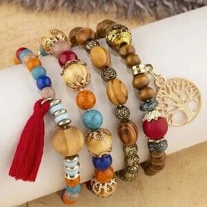 New Bohemian Beaded Layered 4 Strand Tree of Life Tassel Stretchy Bracelet Set